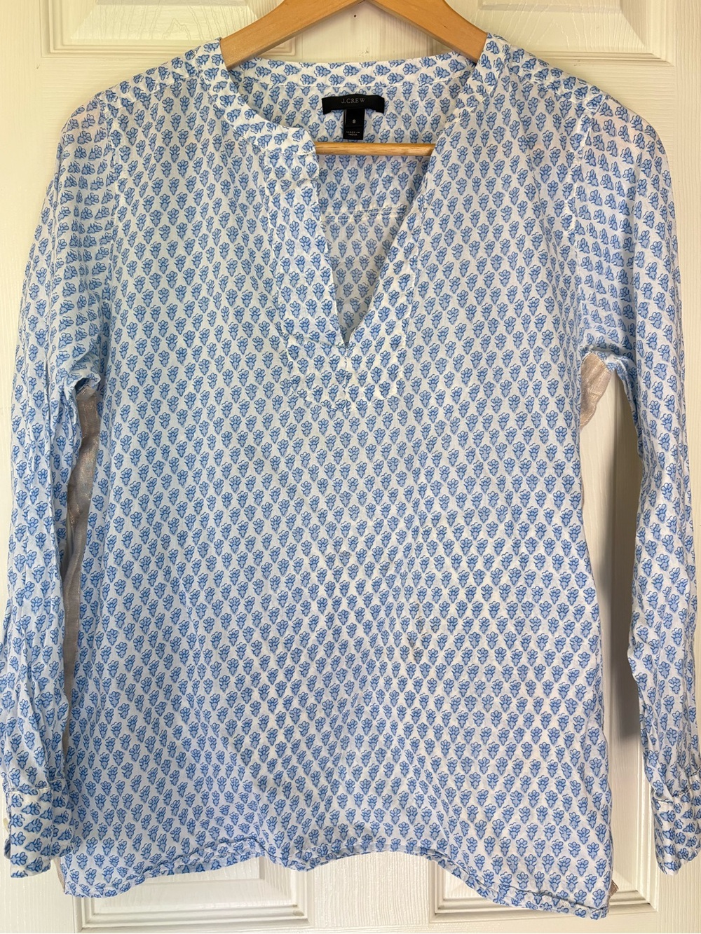 J. Crew White Tunic with Light Blue Floral Print with metallic sides women’s 8
